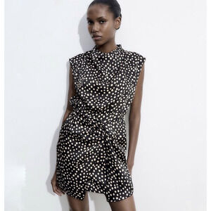 NWT Zara Black Beige Spotted Print Satin Cowl Neck Ruched Mini Dress Size L